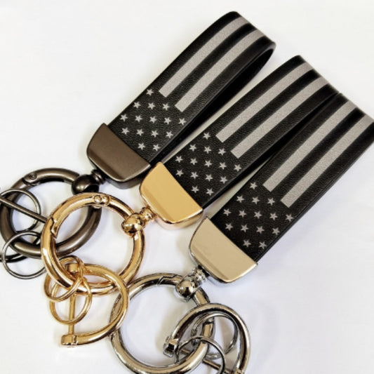 Leather Keychain US Flag Car Key Ring