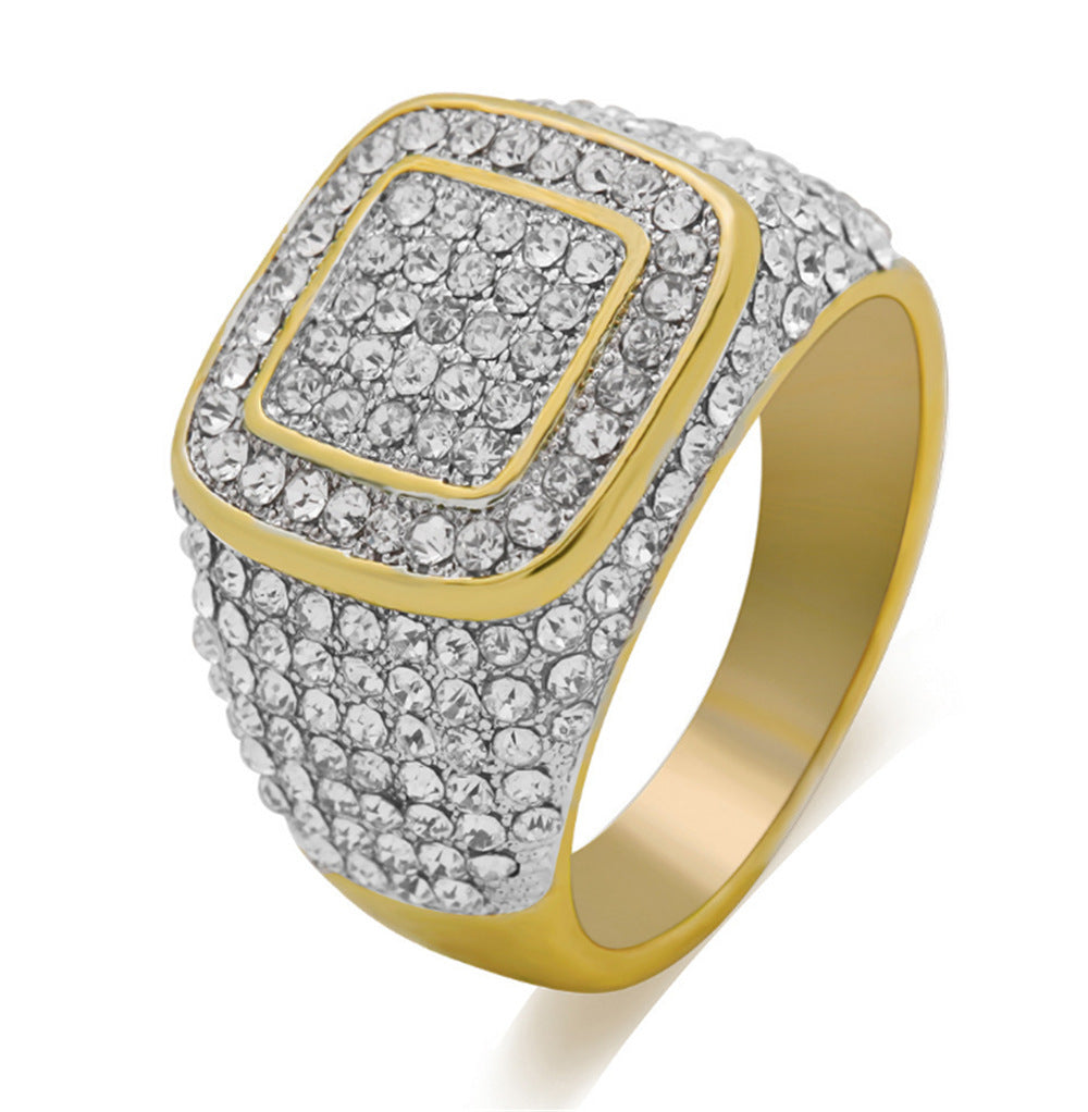 Gold-plated Micro Inlaid Zircon Ring Hip Hop Full Diamond Men's Ring