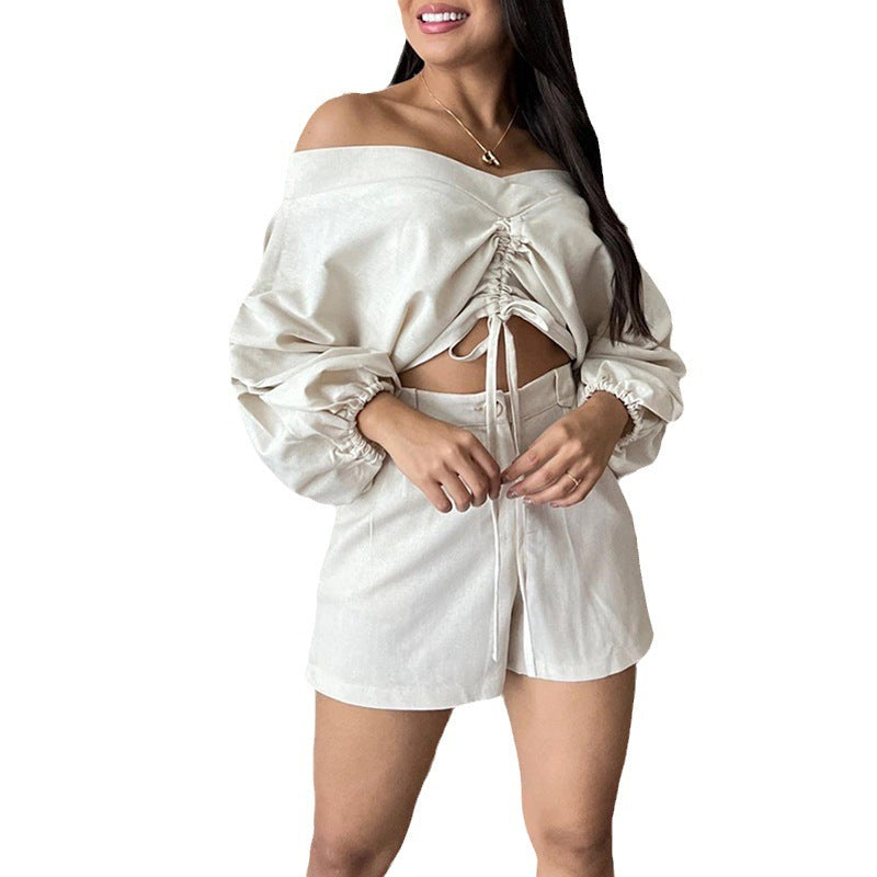 Women's Fashionable Off-shoulder Puff Sleeve Short Top High Waist Shorts Suit