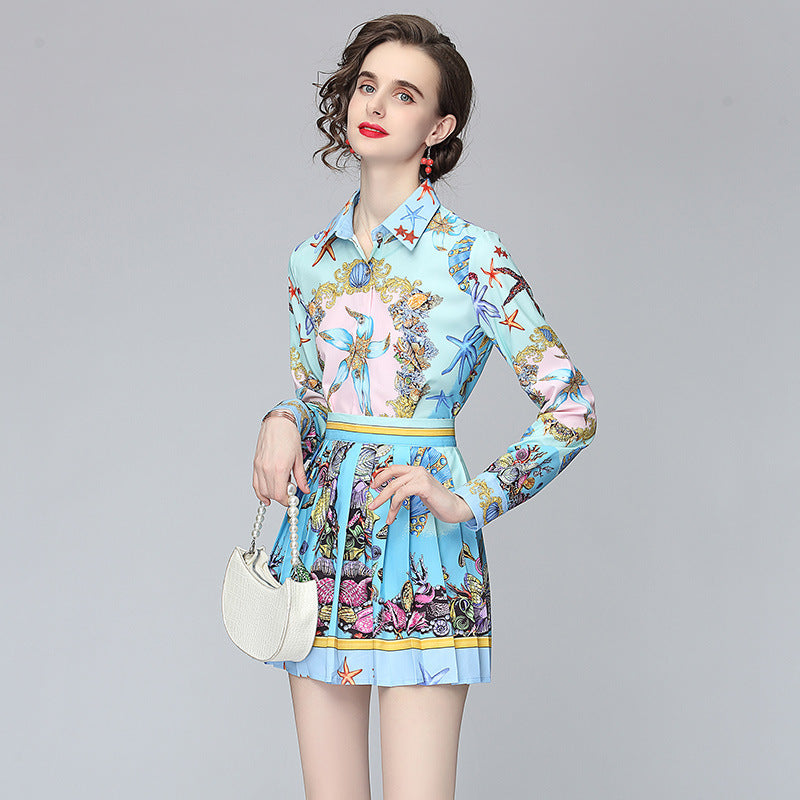 Fashion Ladies Suit Women's Casual Print Shirt  Pleated Skirt