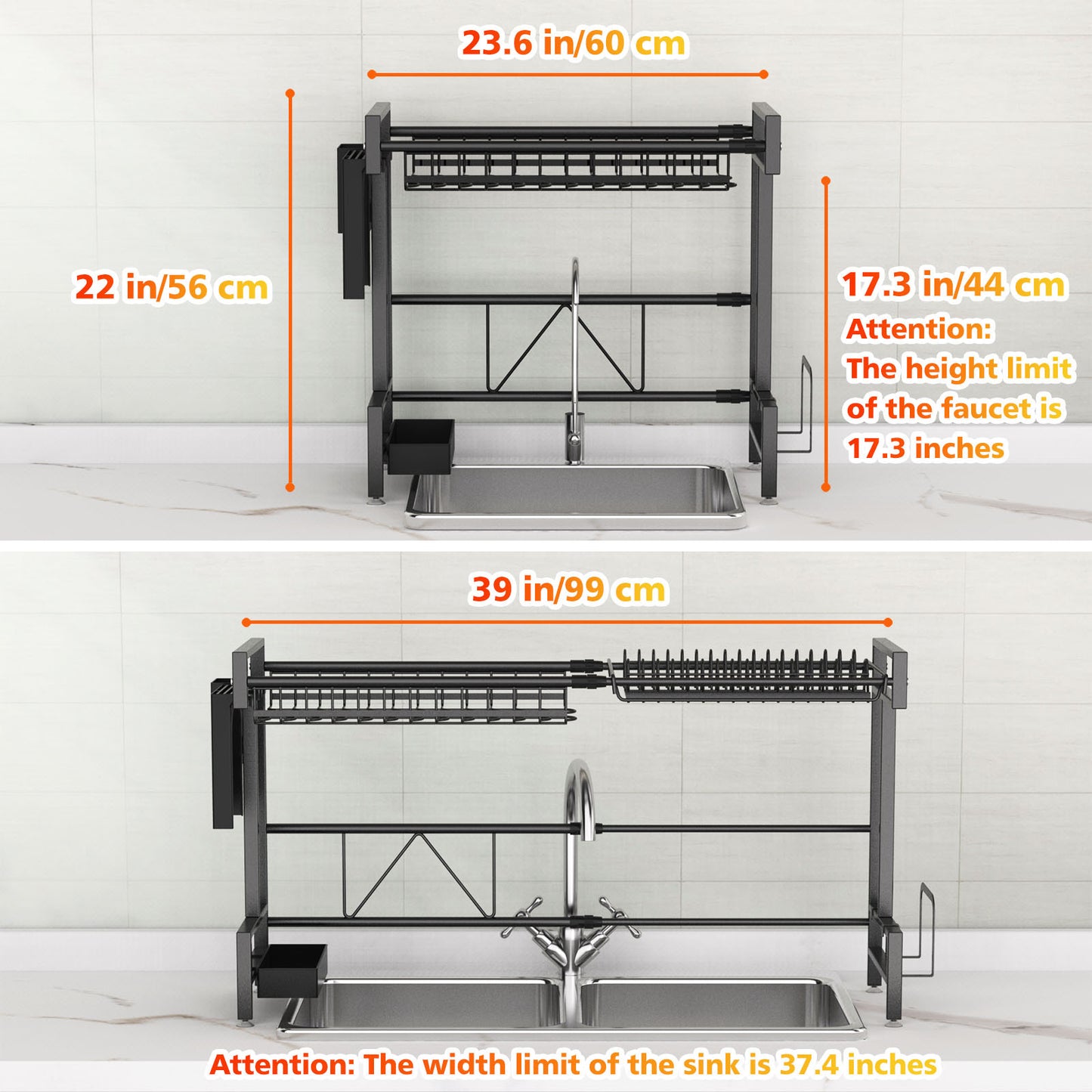 2 Tiers Stainless Steel Dish Racks For Kitchen Counter, Large Dish Drainer With Utensil Holder, Cutting Board Holder, Kitchen Drying Rack-Black