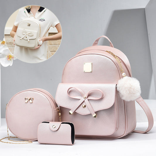 3 pcs Set Bags PU Bow Composite Bag Young Girl Student Cute Shoulders Backpack Crossbody Bags Coin Purse