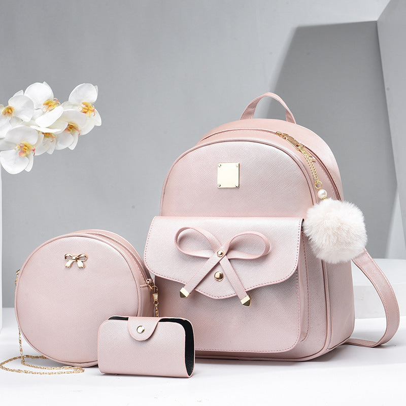 3 pcs Set Bags PU Bow Composite Bag Young Girl Student Cute Shoulders Backpack Crossbody Bags Coin Purse