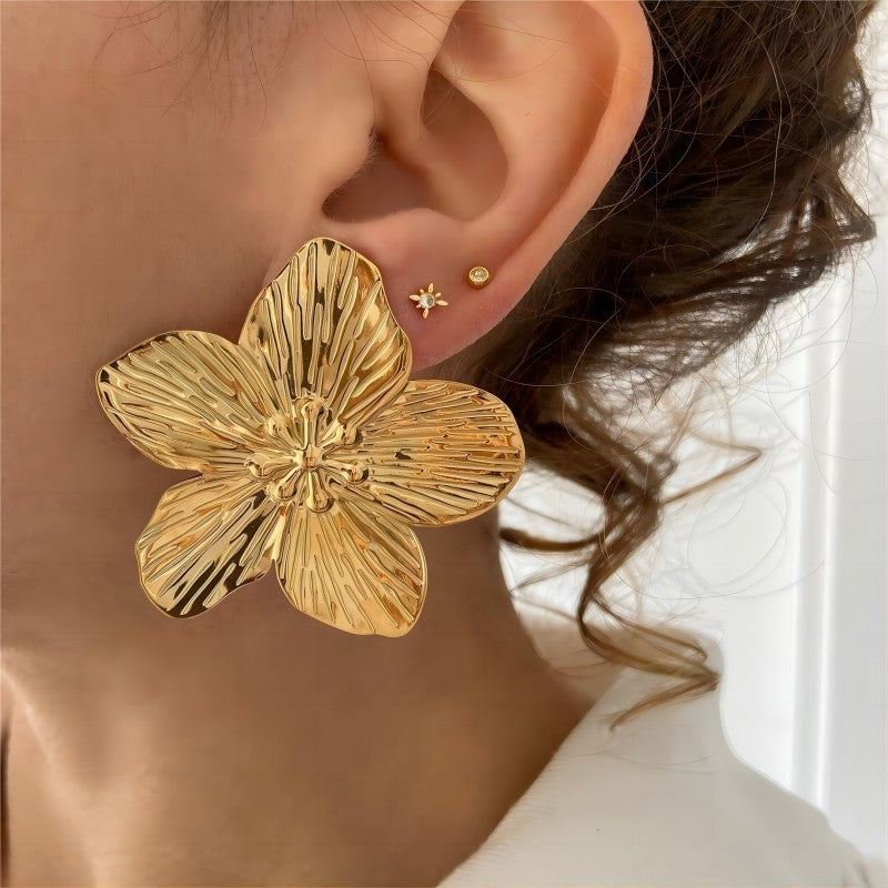 Gold Stainless Steel Butterfly Flower Stud Earrings