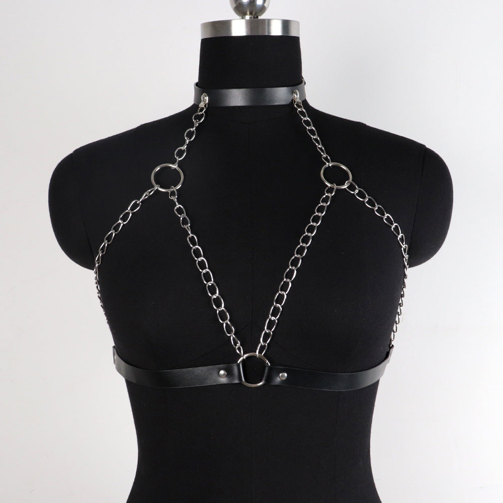 Black Leather Chain Chest Cover Waist Binding Corset Couple Underwear