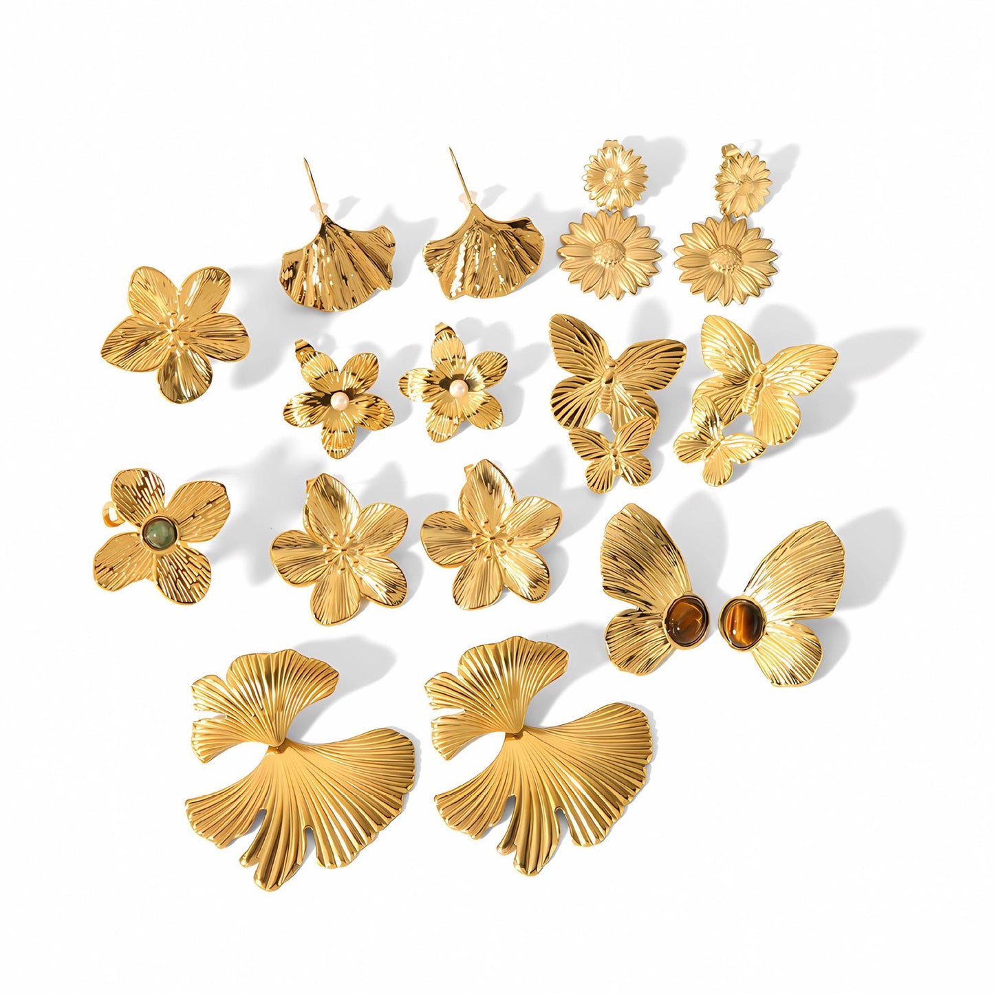 Gold Stainless Steel Butterfly Flower Stud Earrings